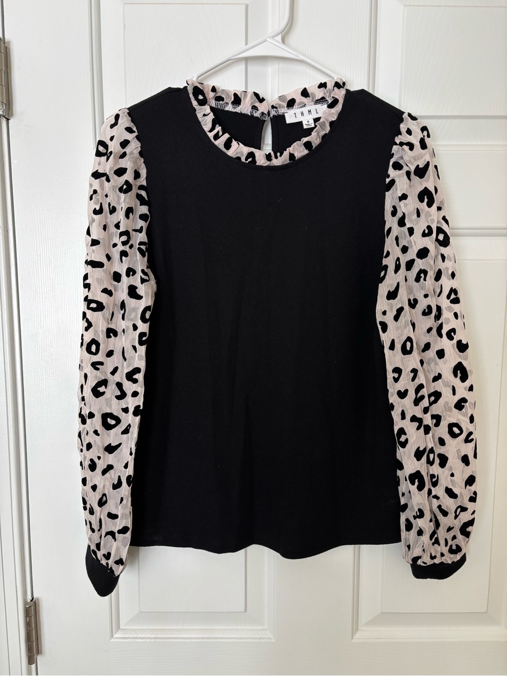 THML Black Top with Blush Leopard-Print Long Sleeves Small